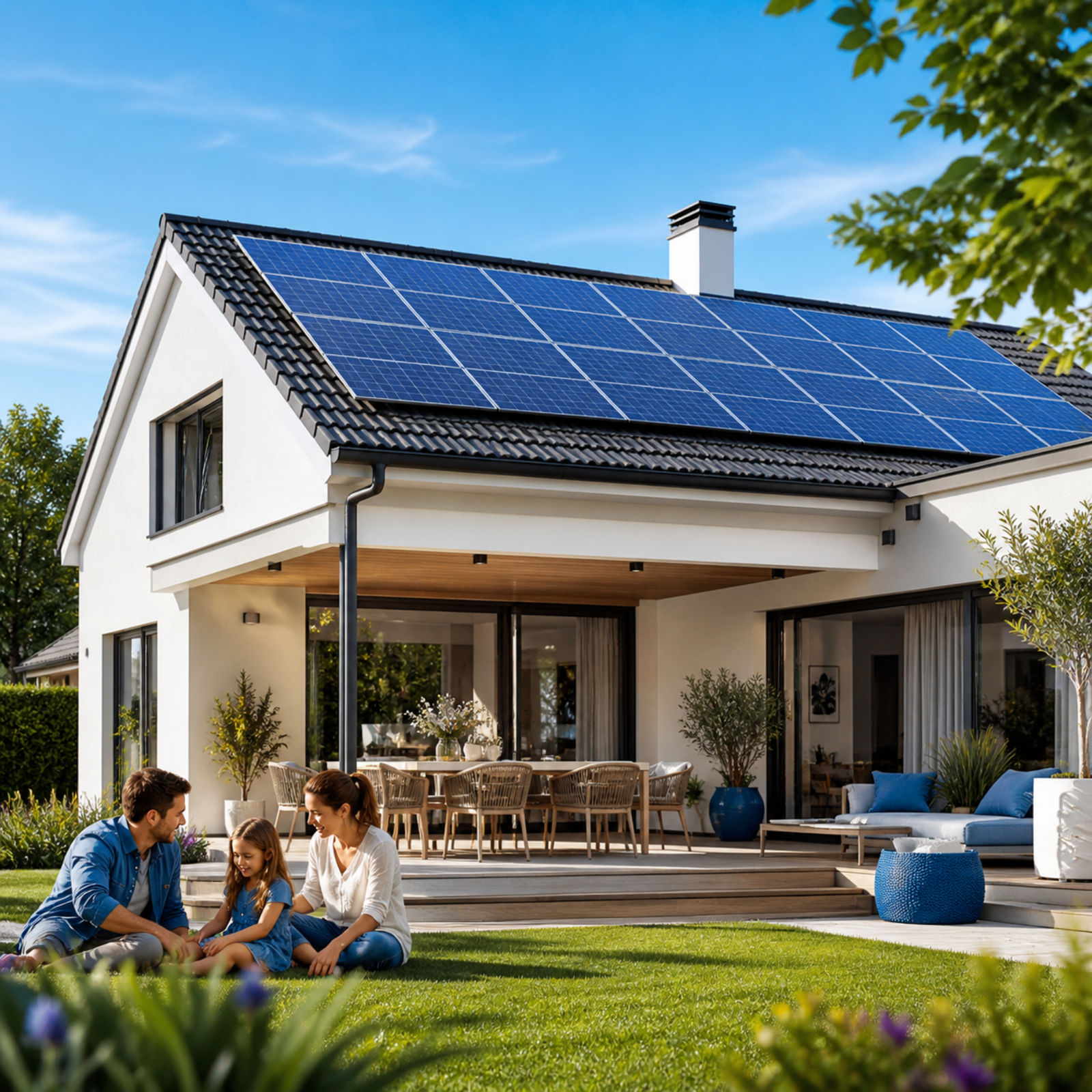 Vivienda unifamiliar con instalación solar y familia en el jardín