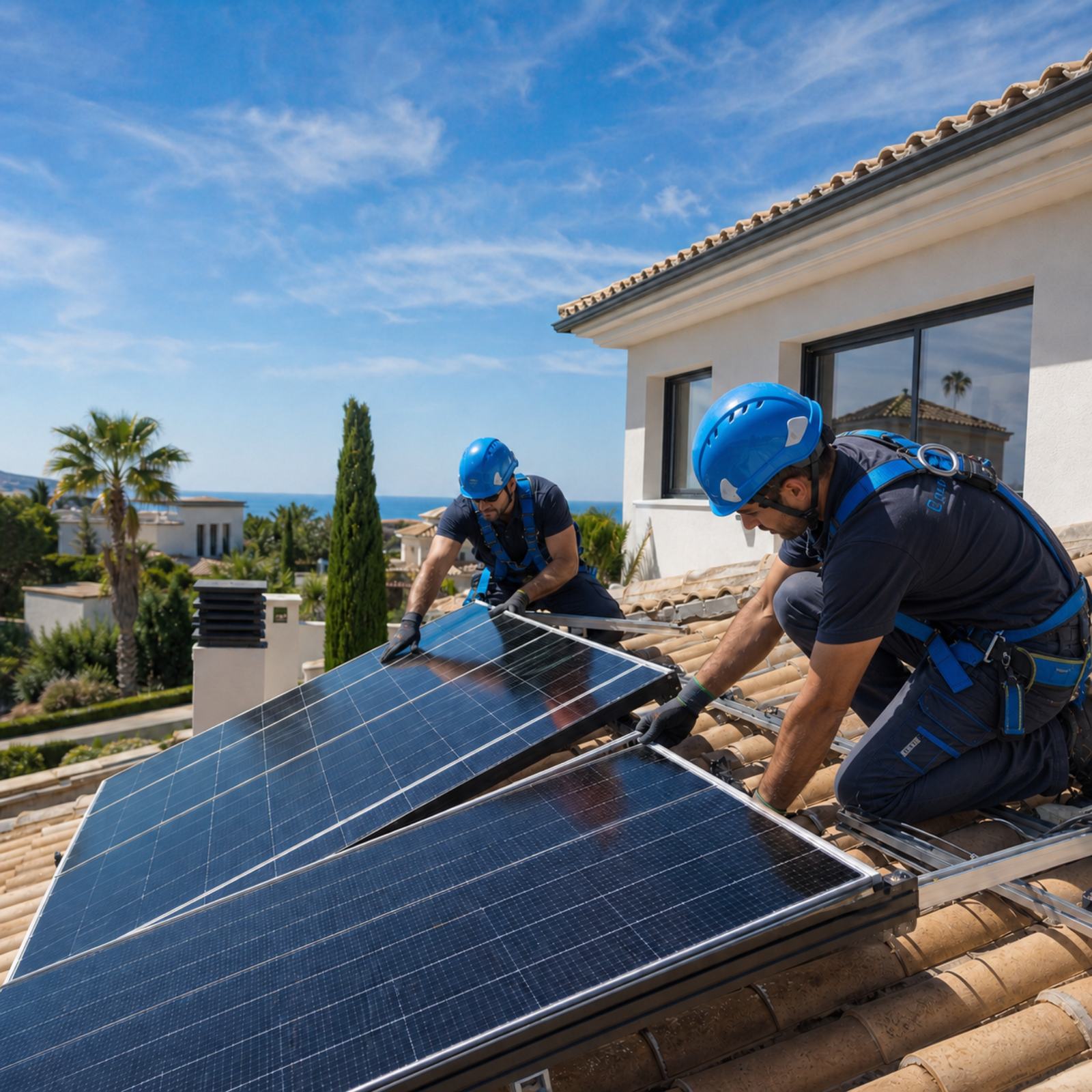 Instaladores de Generaluz colocando paneles solares en una vivienda